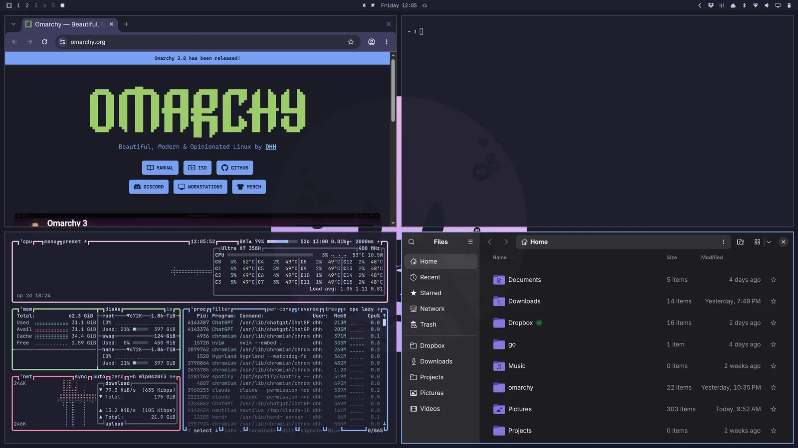 Four Omarchy applications automatically arranged in a tiled layout