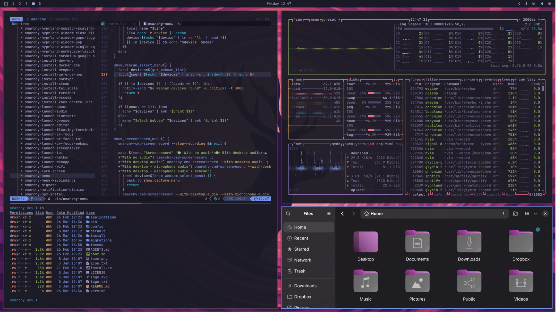 Omarchy desktop running the Tokyo Night theme with tiled editor, terminal, system monitor, and files