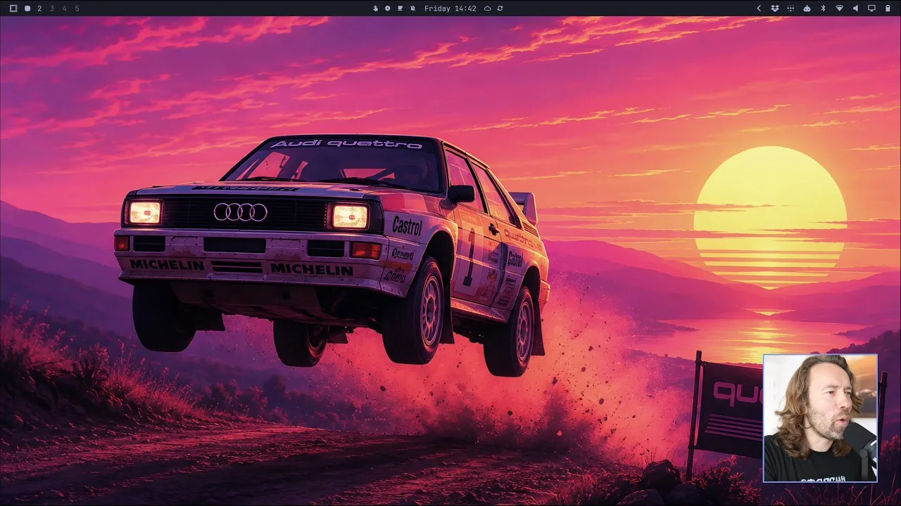 Audi Quattro rally car in an Omarchy desktop